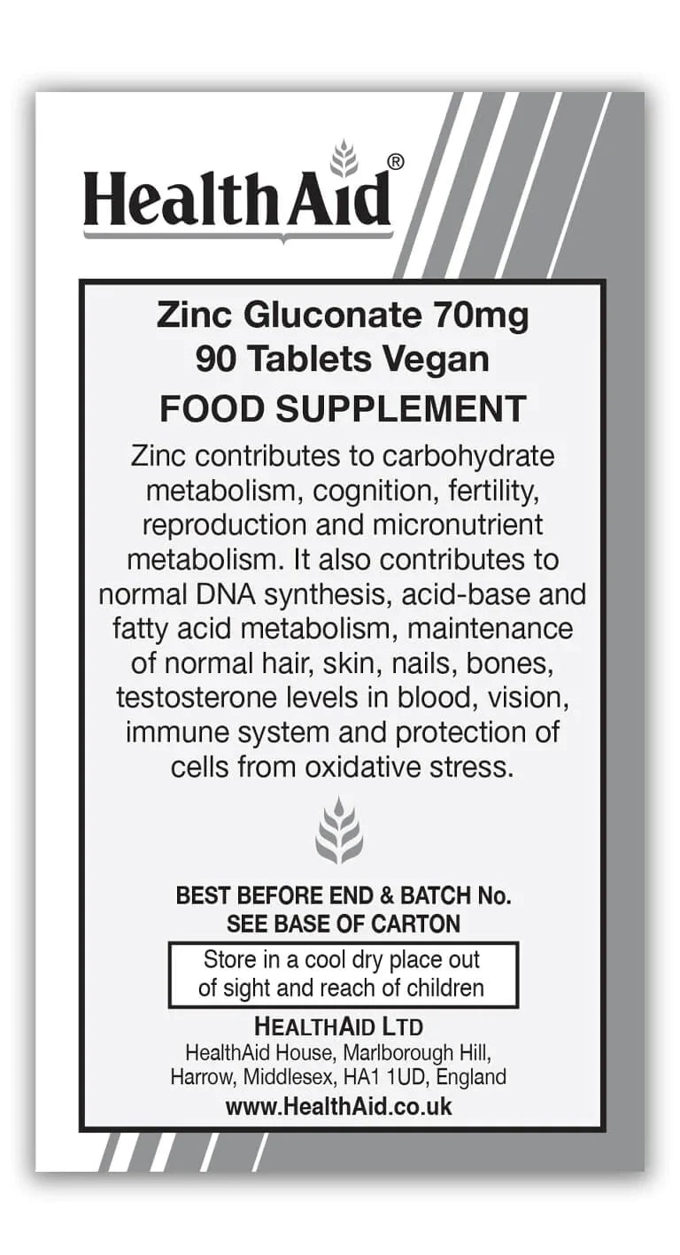 HEALTHAID VEGAN ZINC GLUCONATE 70MG, 90 TABLETS
