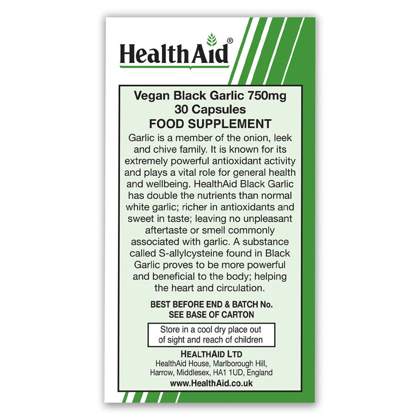 HEALTHAID VEGAN BLACK GARLIC 750MG, 30 CAPSULES
