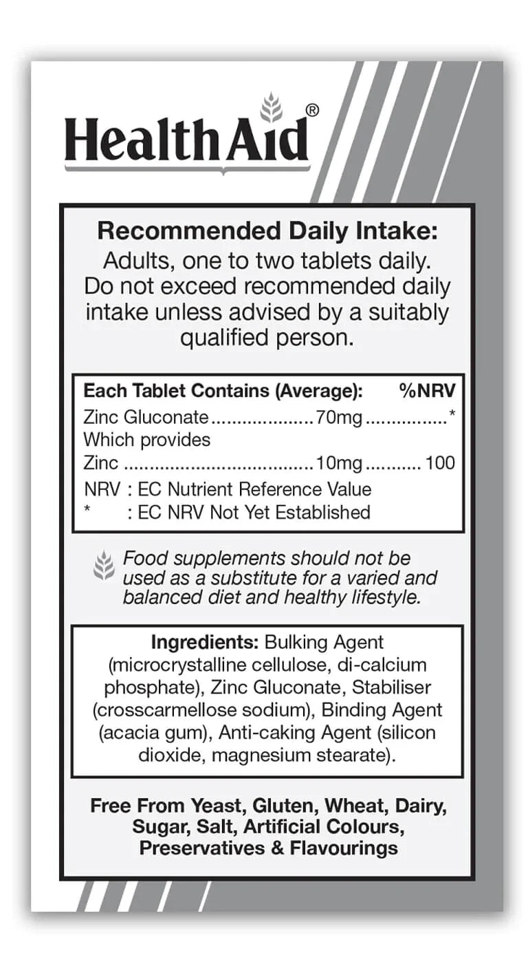 HEALTHAID VEGAN ZINC GLUCONATE 70MG, 90 TABLETS
